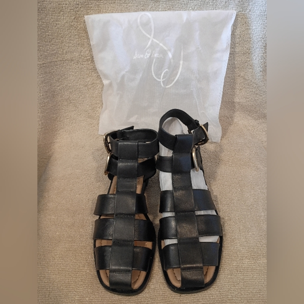 SAM EDELMAN BLACK LEATHER "DAWN" GLADIATOR SANDALS.